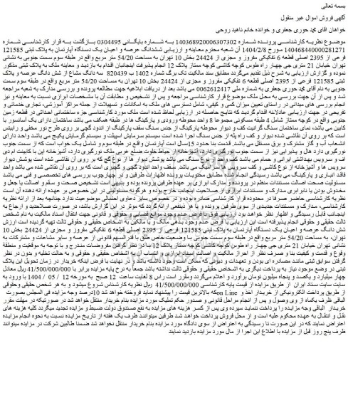 مزایده ششدانگ عرصه و اعیان یک دستگاه آپارتمان به پلاک ثبتی 121585 فرعی از 2395 اصلی قطعه 6 تفکیکی مفروز و مجزی از 24424 
