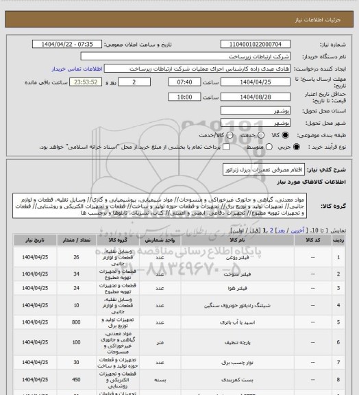 استعلام اقلام مصرفی تعمیرات دیزل ژنراتور