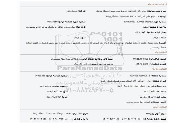 مزایده، حراج ۶۰تن آهن آلات اسقاط معدن هجدک،همکار وپابدانا