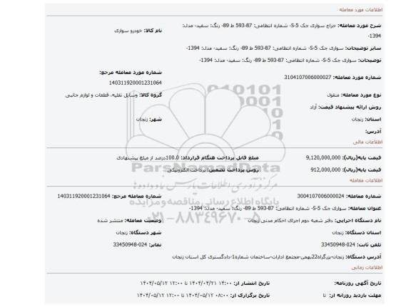 مزایده، سواری جک S-5- شماره انتظامی: 87-593 ط 89- رنگ: سفید- مدل: 1394-