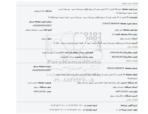 مزایده، 76 فرعی از 17 اصلی بخش 3 سبزوار واقع در روستای استیر - روستای استیر- خیابان شهدا شهدا1پلاک 6