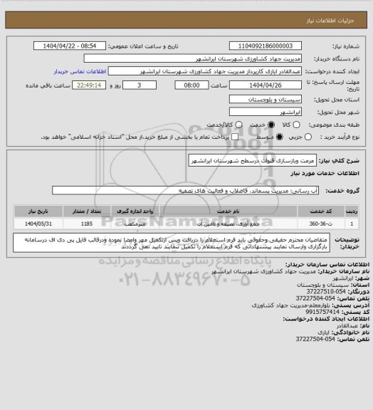 استعلام مرمت وبازسازی قنوات درسطح شهرستان ایرانشهر