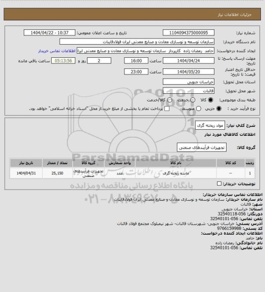 استعلام مواد ریخته گری