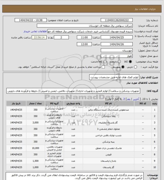 استعلام لوازم کمک های اولیه-طبق مشخصات پیوست