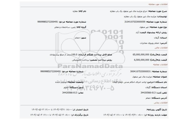 مزایده، مزایده مال غیر منقول یک باب مغازه