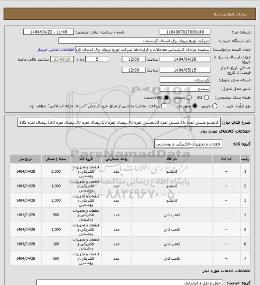 استعلام کابلشو مسی نمره 16،مسی نمره 50،مسی نمره 70،بیمتال نمره 50،بیمتال نمره 70،بیمتال نمره 120،بیمتال نمره  185