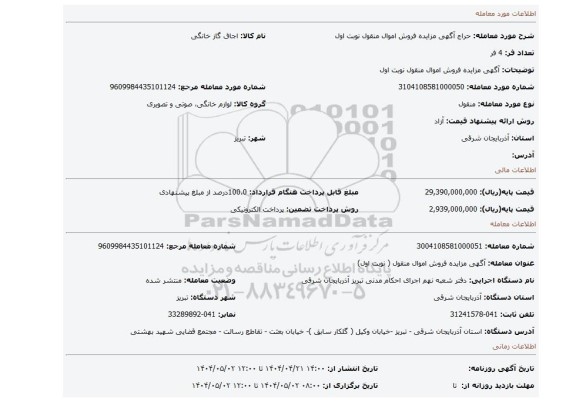 مزایده، آگهی مزایده فروش اموال منقول نوبت اول