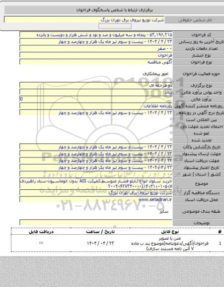 مناقصه, خرید سلول انواع  تابلو فشار متوسط کمپکت AIS  بدون اتوماسیون-ستاد راهبردی ۱۴۰۴۱۰۰۱۰۵۰۷(۲۰۰۴۰۹۲۷۳۴۰۰۰۰