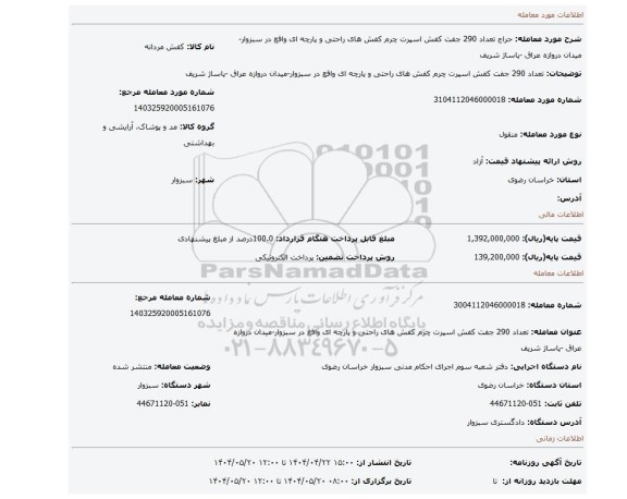 مزایده، تعداد 290 جفت کفش اسپرت چرم کفش های راحتی و پارچه ای واقع در سبزوار-میدان دروازه عراق -پاساژ شریف
