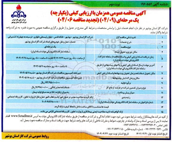مناقصه خدمات حمل و نقل خودروهای امداد - نوبت دوم 