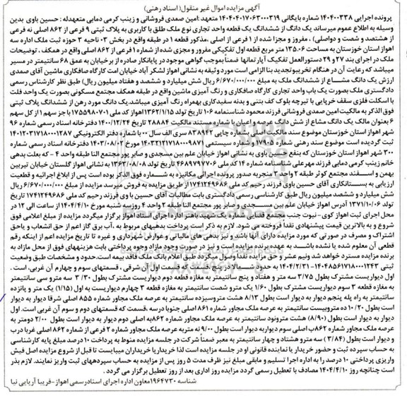 مزایده فروش ششدانگ یک قطعه واحد تجاری