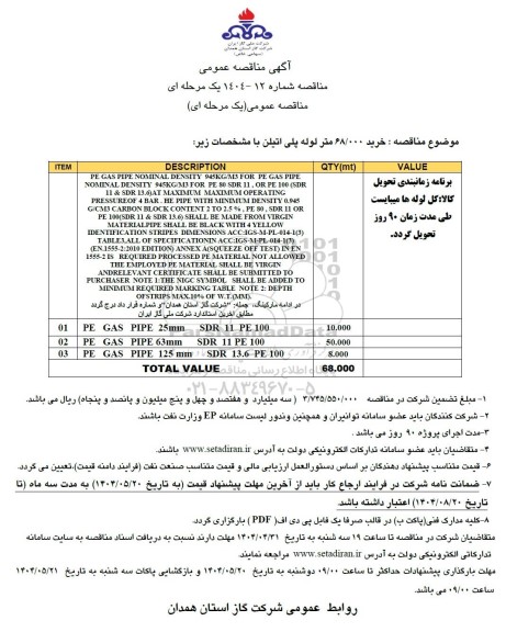 مناقصه  خرید 68.000 متر لوله پلی اتیلن