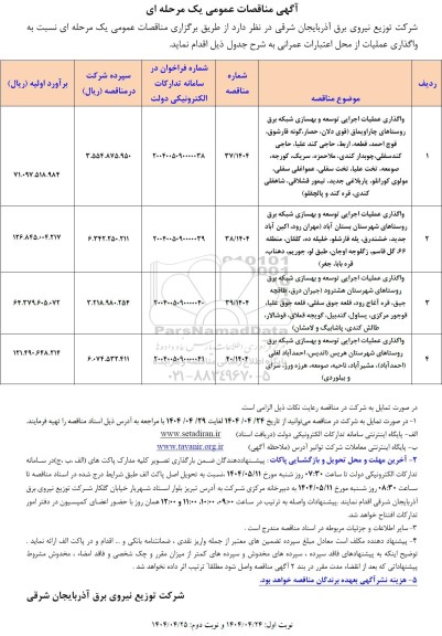 مناقصه عمومی واگذاری عملیات اجرایی توسعه و بهسازی شبکه برق روستاهای...