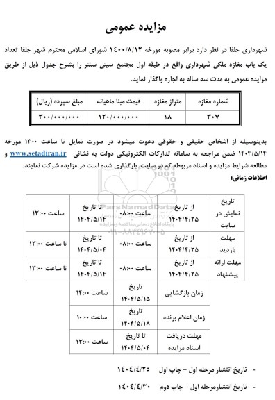 مزایده اجاره تعداد یک باب مغازه ملکی شهرداری ...