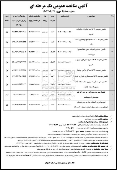 مناقصه تکمیل مدرسه 3 کلاسه خالدآباد امامزاده بادرود ...