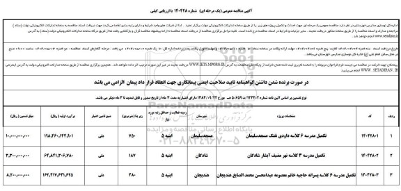 مناقصه تکمیل مدرسه 6 کلاسه ... 