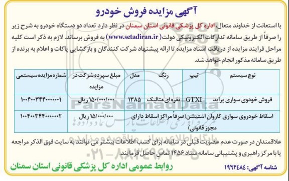 مزایده فروش خودروهای سواری پراید