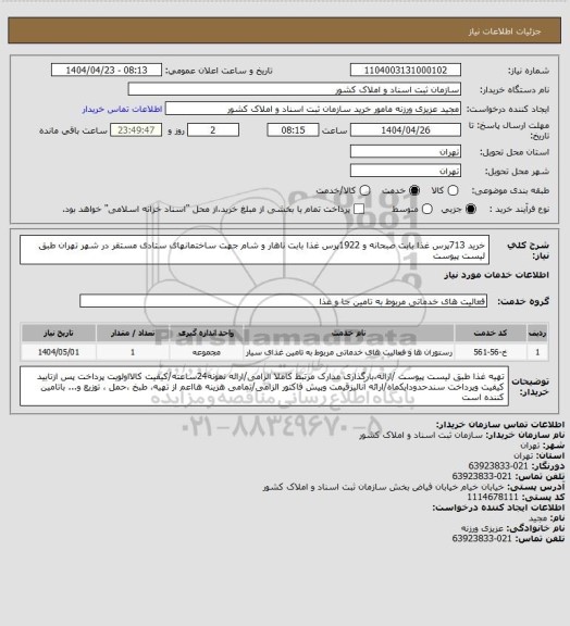 استعلام خرید 713پرس غذا بابت صبحانه و 1922پرس غذا بابت ناهار و شام جهت ساختمانهای ستادی مستقر در شهر تهران طبق لیست پیوست
