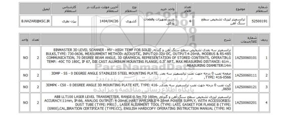 استعلام ترانسمیتر لیزری تشخیص سطح سنگ آهن