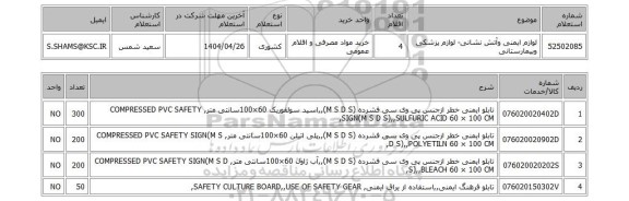 استعلام لوازم ایمنی وآتش نشانی- لوازم پزشکی وبیمارستانی