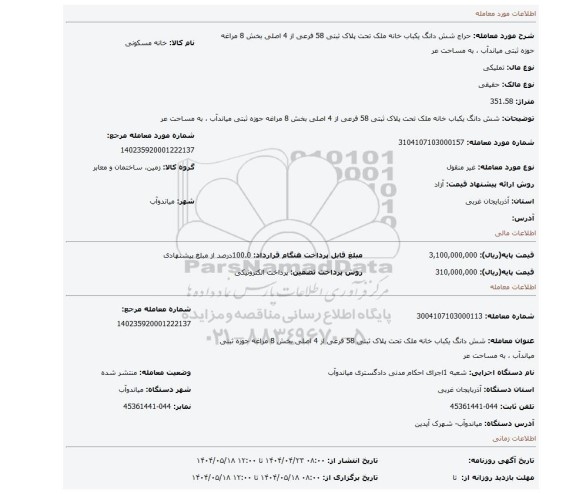 مزایده، شش دانگ یکباب خانه ملک تحت پلاک ثبتی 58 فرعی  از 4 اصلی  بخش 8 مراغه حوزه ثبتی میاندآب ، به مساحت عر