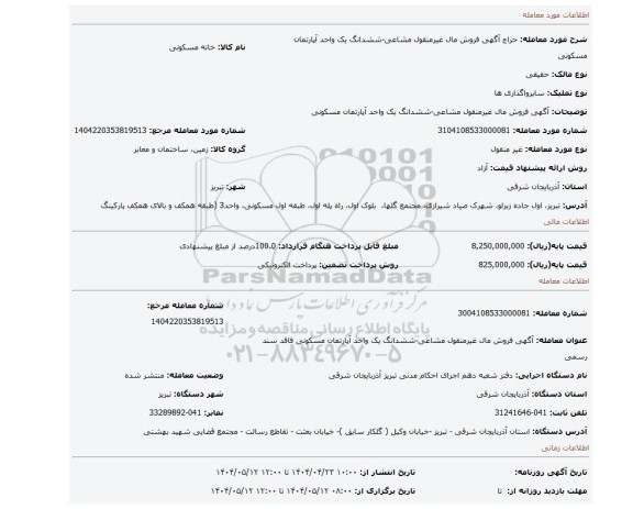 مزایده، آگهی فروش مال غیرمنقول مشاعی-ششدانگ یک واحد آپارتمان مسکونی