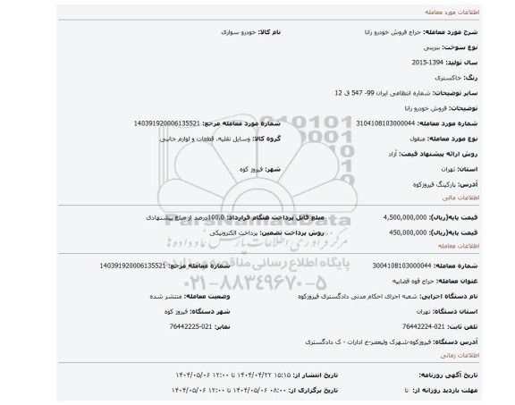 مزایده، فروش خودرو رانا