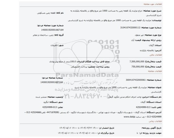 مزایده، مزایده یک قطعه زمین به مساحت 1000 متر مربع واقع در بالامحله پاپکیاده به شرح کارشناسی