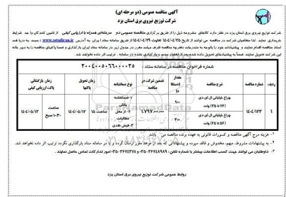 مناقصه چراغ خیابانی ال ای دی و...
