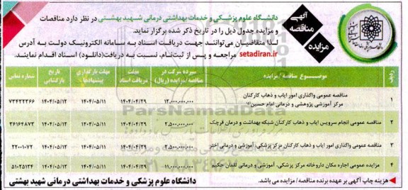 مزایده عمومی اجاره مکان داروخانه مرکز پزشکی، آموزشی و درمانی لقمان حکیم