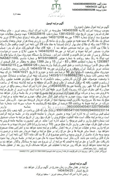 مزایده فروش ششدانگ یک دستگاه خودروی سواری سایپا هاچ بک تیپ تیبا 2