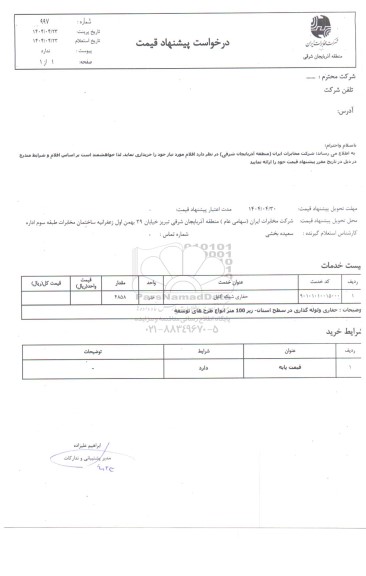 استعلام حفاری شبکه کابل 