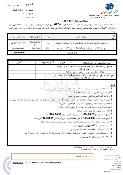 استعلام خرید کارت GPON و پچ کورد 