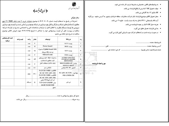 استعلام عملیات خرید 6 عدد شلف 21-5680 انچ 