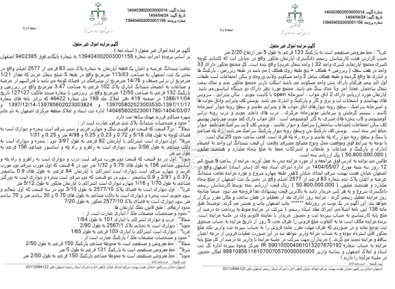 مزایده تمامت ششدانگ عرصه و اعیان یک قطعه آپارتمان به شماره پلاک ثبتی 83 فرعی از 2577 اصلی