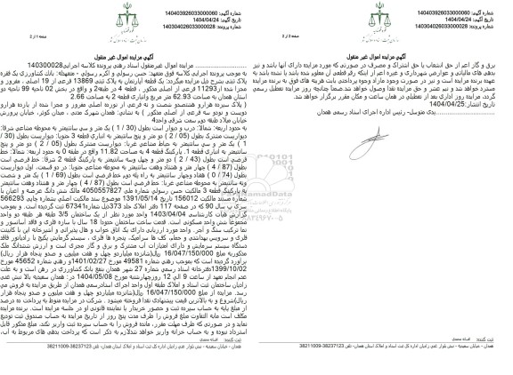 مزایده یک قطعه آپارتمان به پلاک ثبتی 13869 فرعی از 19 اصلی، مفروز و مجزی شده از 11293 فرعی از اصلی