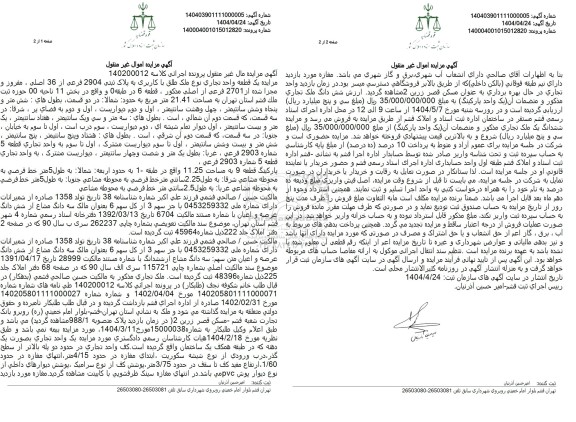 مزایده فروش یک قطعه واحد تجاری به پلاک ثبتی 2904 فرعی از 36 اصلی