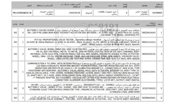 استعلام تجهیزات خاص مکانیکی
