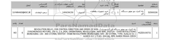 استعلام رله کنترل دور موتور دستگاه فرز