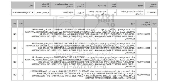استعلام خنک کننده کمپرسور هوای سانتریفوژ