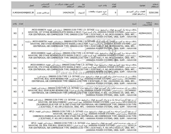 استعلام قطعات یدکی کمپرسور سانتریفوژ هوایار
