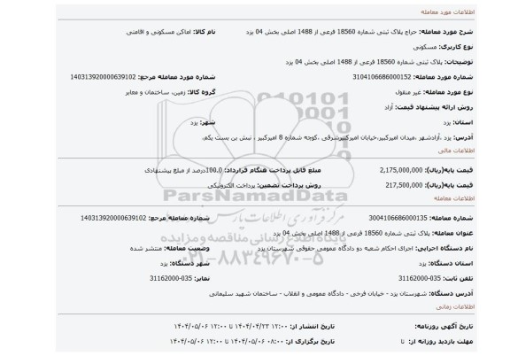 مزایده،  پلاک ثبتی شماره 18560 فرعی از 1488 اصلی بخش 04 یزد