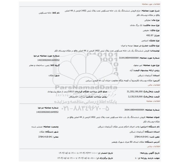 مزایده، فروش ششدانگ یک باب خانه مسکونی تحت پلاک ثبتی 1402 فرعی از 44 اصلی  واقع در ملکان-روستای لکلر