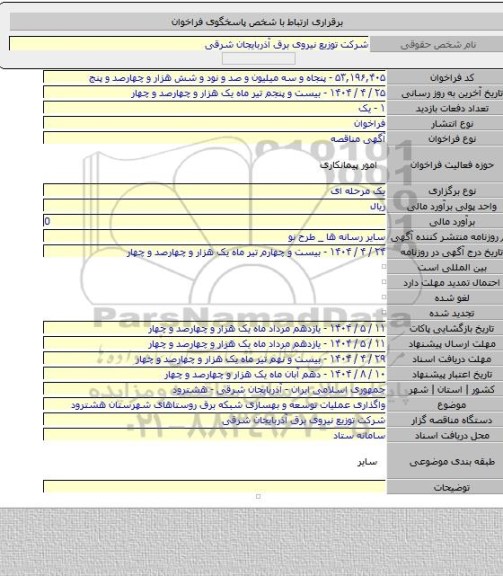 مناقصه, واگذاری عملیات توسعه و بهسازی شبکه برق روستاهای شهرستان هشترود