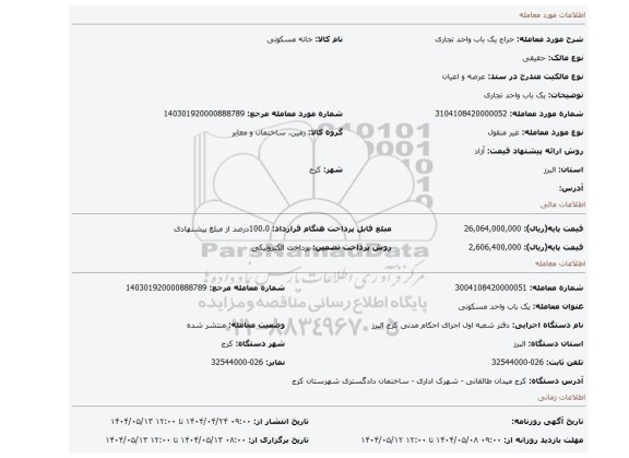 مزایده، یک باب واحد تجاری