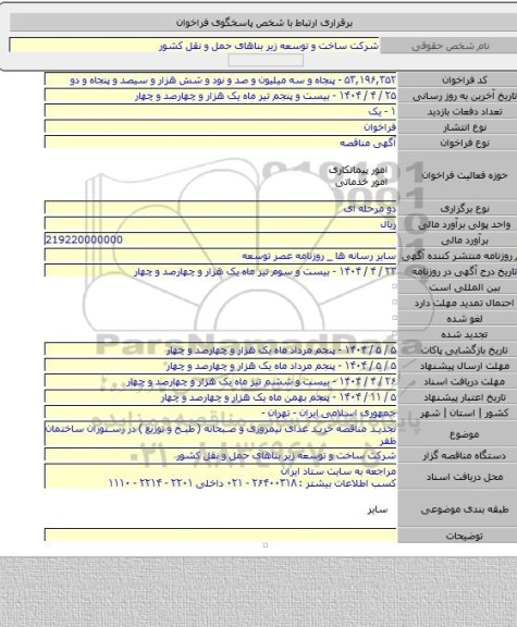 مناقصه, تجدید مناقصه خرید غذای نیمروزی و صبحانه (  طبخ و توزیع ) در رستوران ساختمان ظفر
