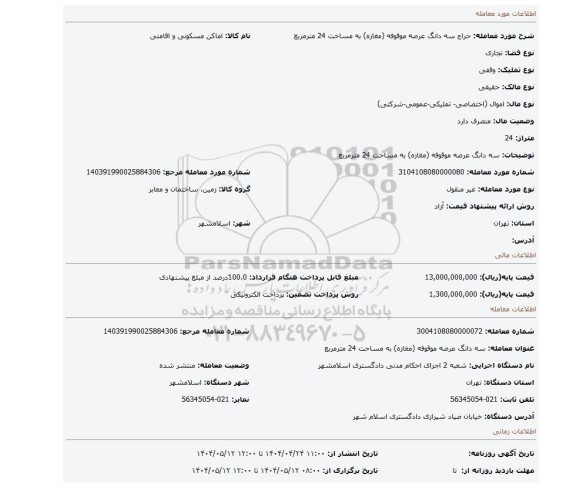مزایده،   سه دانگ عرصه موقوفه (مغازه) به مساحت 24 مترمربع