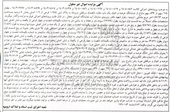 مزایده فروش یک باب مغازه به انضمام سرقفلی با پلاک ثبتی 1054 فرعی از 106 اصلی
