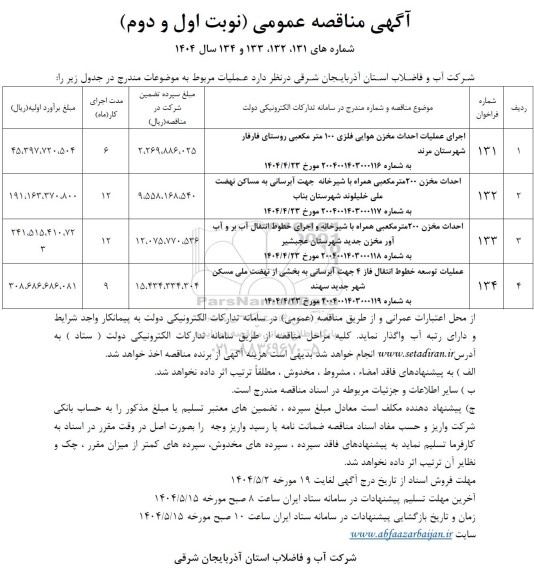 مناقصه اجرای عملیات احداث مخزن هوایی فلزی ...
