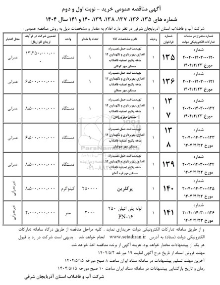 مناقصه عمومی تهیه، ساخت، حمل، نصب ، راه اندازی، بهربرداری و نگهداری 12 ماهه پکیج تصفیه فاضلاب  ... 